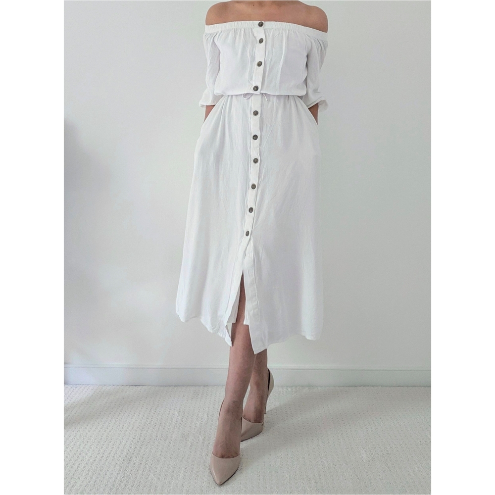Who What Wear Elegant White Off-Shoulder Button-Down Dress